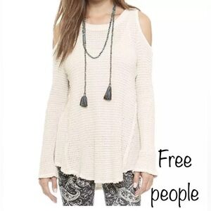 Free People Sunrise Sweater Cold Shoulder Waffle Knit Top Women Size M Cream